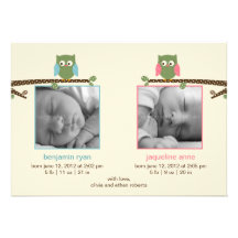 Annonces jumelles de naissance de hiboux (garçon e faire-parts