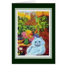 Anthropomorphic White Cat Framed by Yellow Flowers Card