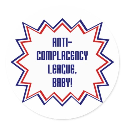 Anti-Complacency League, Baby! Stickers by thevibemerchants