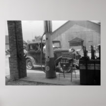 Antique Car and Visible Gas Pump 1940s Print