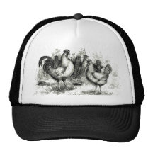 Antique Farming Scene Rooster and Hen Trucker Hats