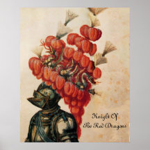 ANTIQUE KNIGHT HELMET ,DRAGONS AND RED FEATHERS POSTERS