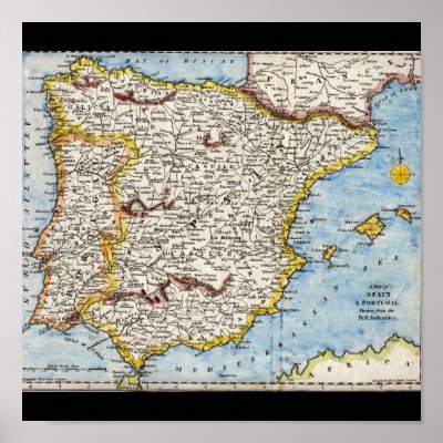 Antique Map of Spain & Portugal circa 1700's Poster by AntiqueMaps