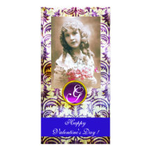 ANTIQUE PURPLE DAMASK Amethyst Monogram blue Customized Photo Card