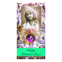 ANTIQUE PURPLE DAMASK Amethyst Monogram green Photo Card