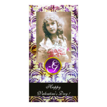ANTIQUE PURPLE DAMASK Amethyst Monogram Photo Cards
