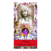 ANTIQUE PURPLE DAMASK Amethyst Monogram red Picture Card