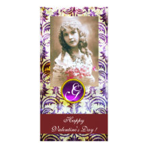 ANTIQUE PURPLE DAMASK Amethyst Monogram red Personalized Photo Card