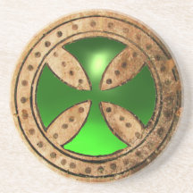 ANTIQUE TEMPLAR CROSS Green Emerald Gem Beverage Coaster