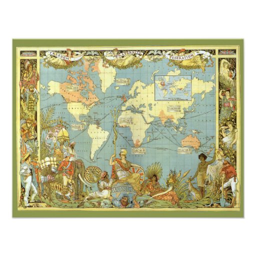 Antique World Map, British Empire, 1886 Invitation