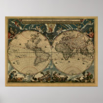 Antique World Map by Joan Blaeu, circa 1664 Poster