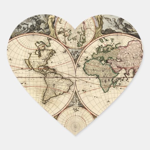 Antique World Map by Nicolao Visscher, circa 1690 Heart Sticker