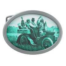 APACHES AND GERONIMO DRIVING A MOTOR CAR BELT BUCKLES