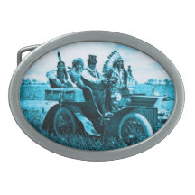 APACHES AND GERONIMO DRIVING A MOTOR CAR BELT BUCKLE