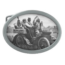 APACHES AND GERONIMO DRIVING A MOTOR CAR OVAL BELT BUCKLES