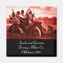 APACHES AND GERONIMO DRIVING A MOTOR CAR FRIDGE MAGNET