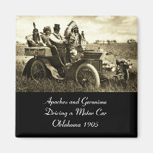 APACHES AND GERONIMO DRIVING A MOTOR CAR FRIDGE MAGNET