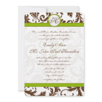 Apple Green & Brown Damask Wedding Invitation