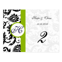 Apple Green Trim Damask Swirls Table Number Cards Post Cards