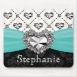Aqua and Black Damask Diamond Mouse Pad Rhinestone