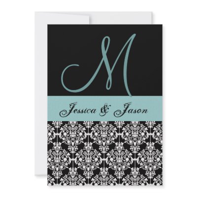 Aqua and Black Damask Wedding Monogram Template Personalized Invite by JaclinArt