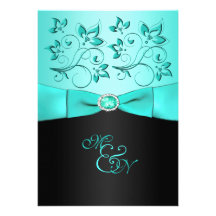 Aqua and Black Floral II Monogram Invitation