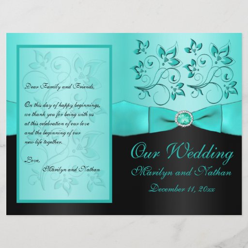 Aqua and Black Floral II Wedding Program Full Color Flyer