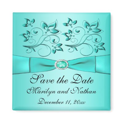 Aqua and Black Floral Wedding Favour Magnet by NiteOwlStudio