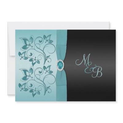 Aqua and Black with Jewel Monogrammed Invitation by NiteOwlStudio