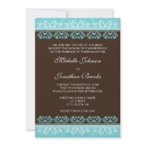 Aqua and chocolate brown damask wedding invite