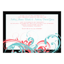 Aqua and Coral Floral Wedding Invitation