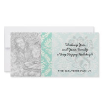 aqua and cream fleur elegant damask customized photo card