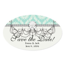 aqua and cream fleur elegant damask oval stickers