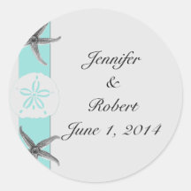 Aqua and Grey Band Starfish Envelope Seal Round Sticker