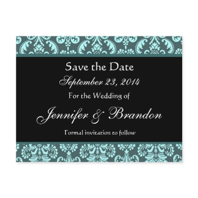 Aqua and Teal Damask Save The Date Postcard by JaclinArt