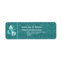 Aqua and Teal Damask Wedding Monogram Ver 005 Labels