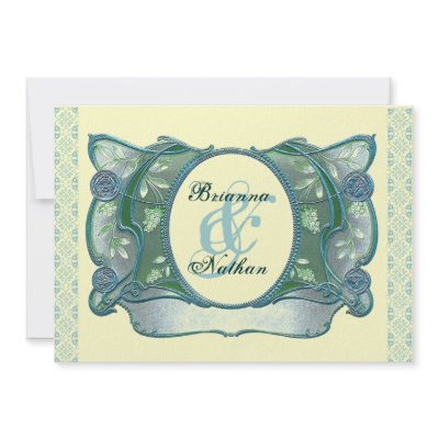 Aqua and Teal Ornate Vintage Wedding Invitation by JaclinArt