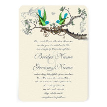Aqua & Apple Green Vintage Birds Wedding Invite