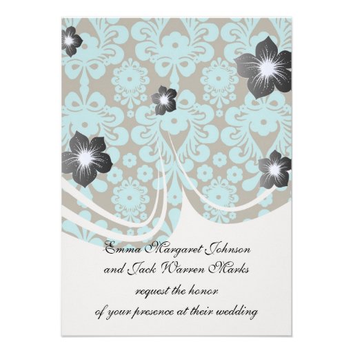 aqua aquamarine blue and brown swirl ornate damask custom announcement