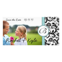 Aqua & Black Damask Save the Date Your Photo Photo Card Template