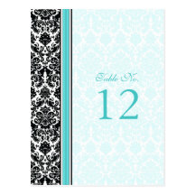 Aqua, Black, White Damask Table Number Card Postcard