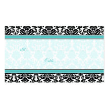 Aqua, Black, White Damask Wedding Place Cards Business Card Template
