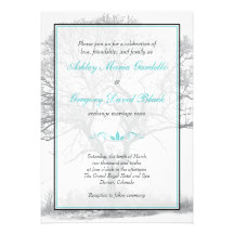 Aqua Black White Winter Tree Wedding Invitation