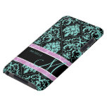 Aqua Blue and Black Damasked with monogram Barely There iPod Covers