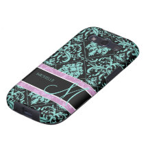 Aqua Blue and Black Damasked with monogram Samsung Galaxy S3 Cover