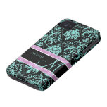 Aqua Blue and Black Damasked with monogram iPhone 4 Cover