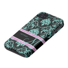 Aqua Blue and Black Damasked with monogram iPhone 4 Cover
