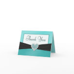 Aqua Blue and Black Glitter Heart Thank You Greeting Cards