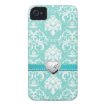 Aqua Blue and White Damask Pattern with Monogram Case-mate Iphone 4 Cases