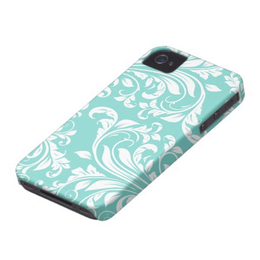 Aqua Blue and White Damasked Pattern iPhone 4 Covers